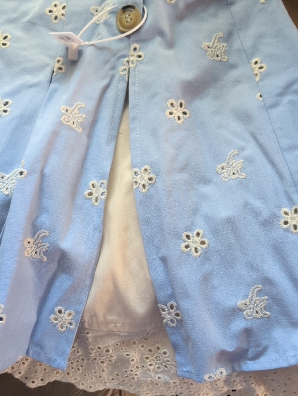 Lacemade Floral Eyelet Embroidered Light Blue Pleated Mini Skirt with Lace Hem - Picture 11 of 16